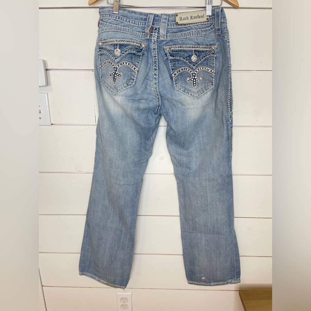 Rock Revival Sasha Blue Denim Flare Bootcut Jeans Distressed Sz 28